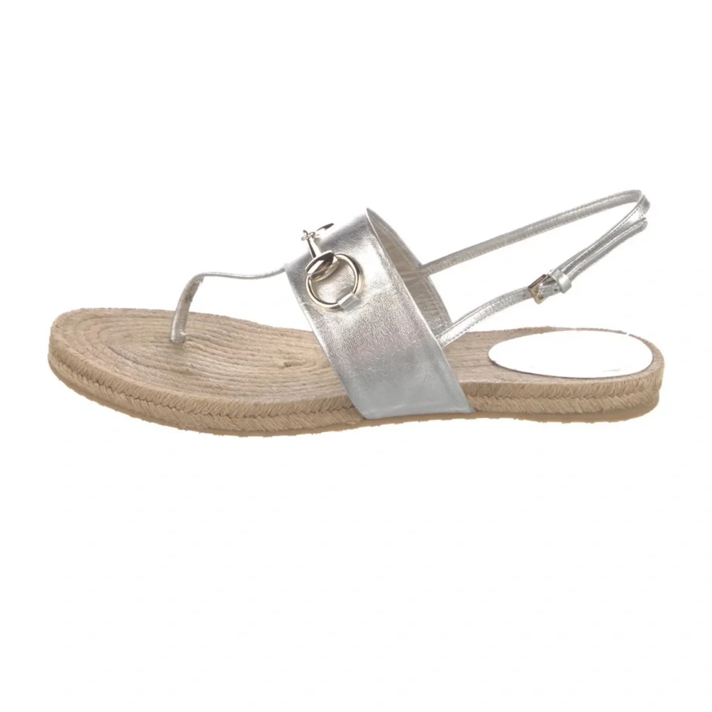 Gucci Horsebit T-Strap Espadrilles Leather Gold Straw Sandals Shoes 41/ 11